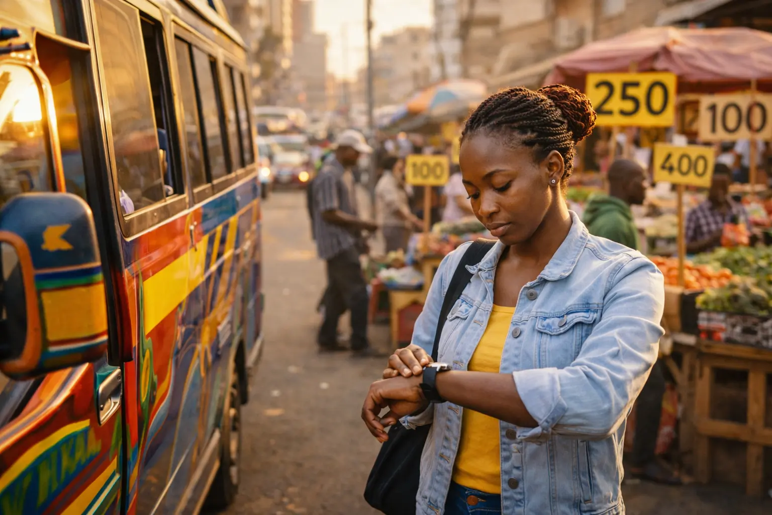 A Kenyan woman checking her watch on the street