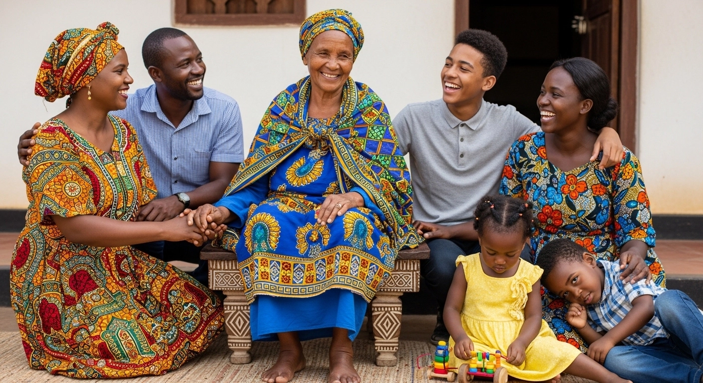 A warm, multigenerational East African family gathered outside a traditional Swahili home
