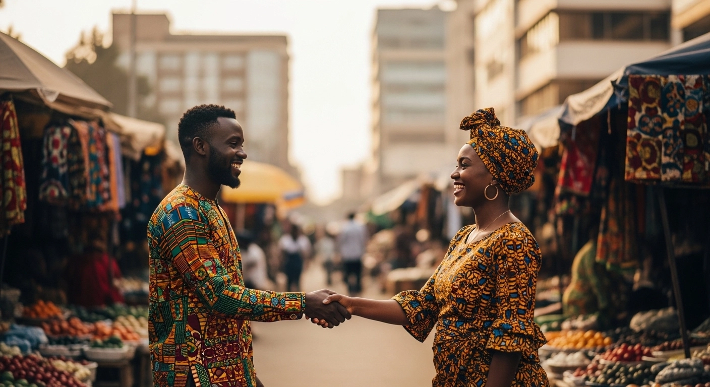 Two East African people greeting each other on a vibrant Nairobi street