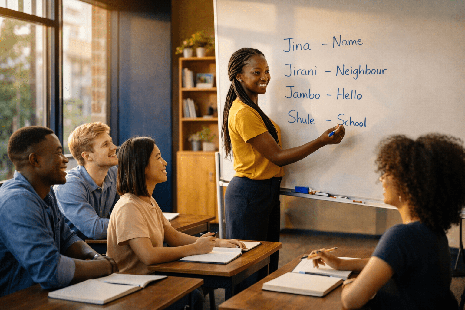 a tutor with students teaching swahili